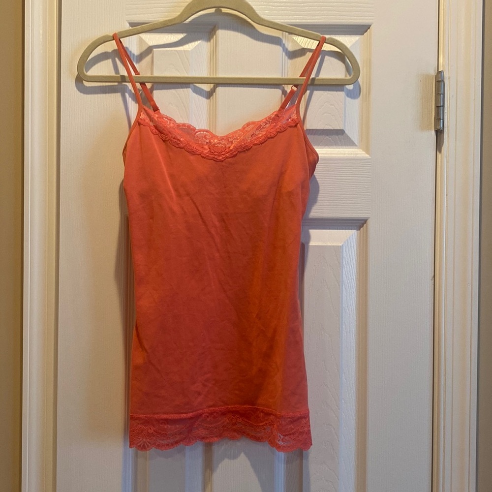Express bra cami in coral with lace design along neckline and bottom
